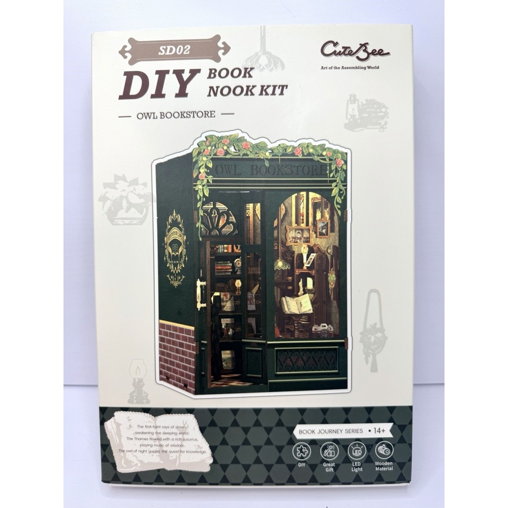 CuteBee SD02 DIY Book Nook Kit Owl Bookstore MDF Board with LED Light Opened Box